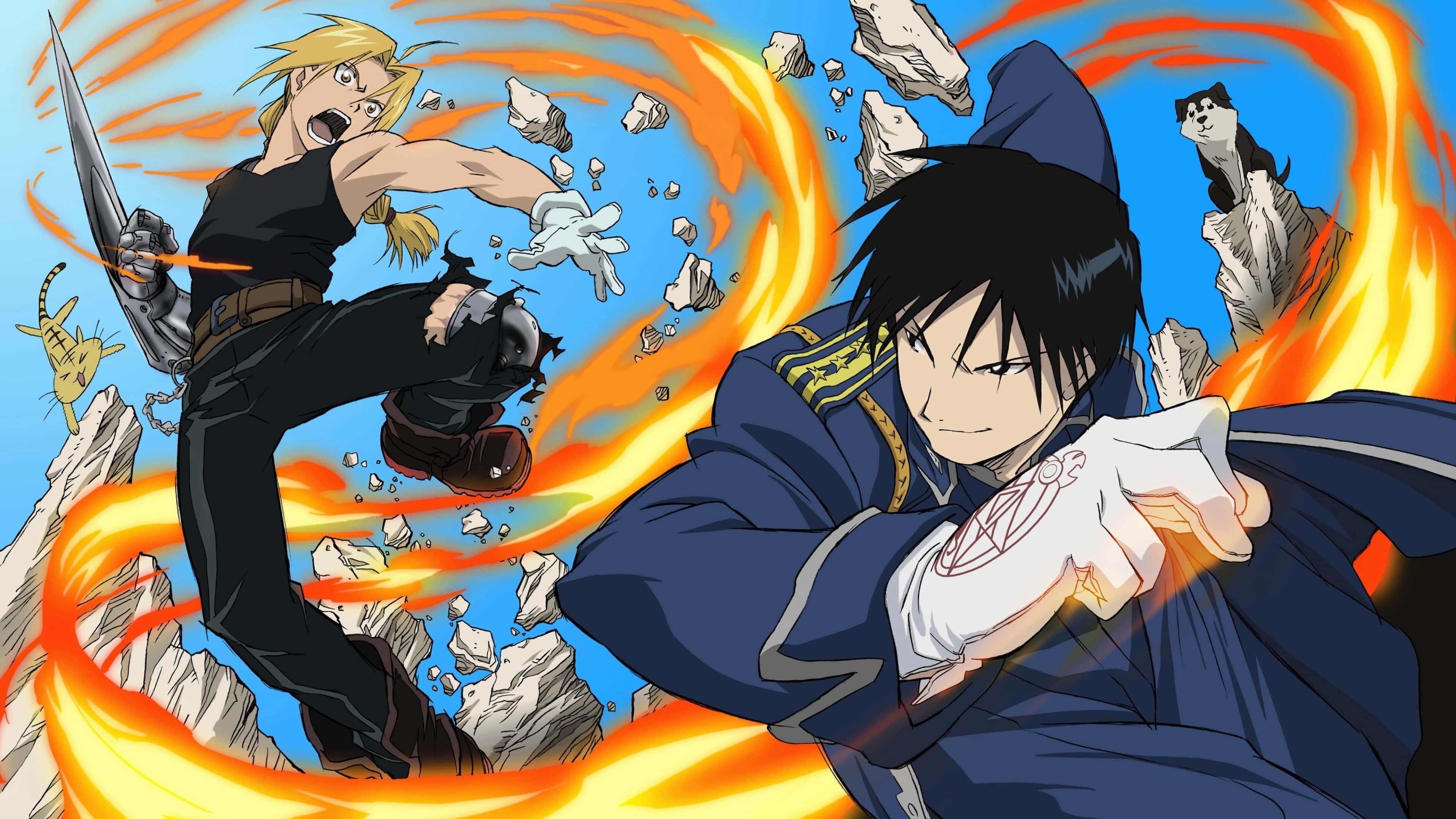 to animefigurer som kjemper med ild Bakgrunner