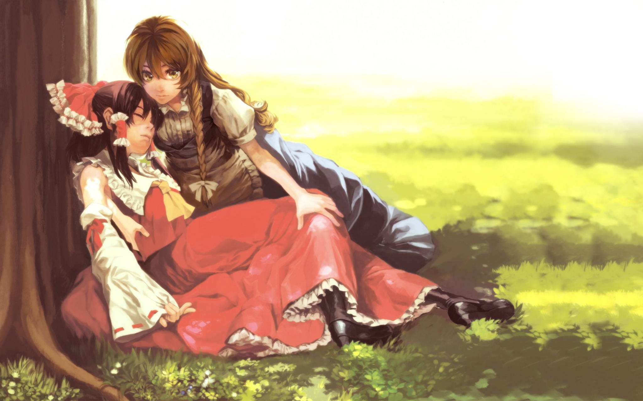 To animekarakterer, Reimu og Marisa i et inderlig omfavn Bakgrunner