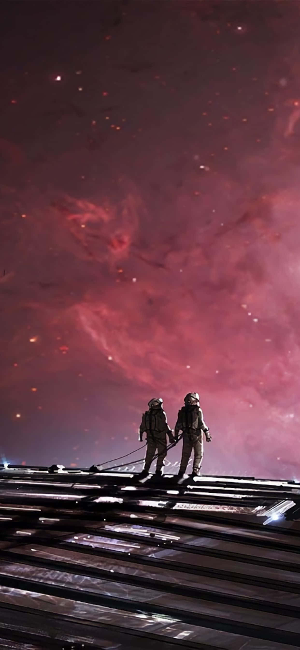to astronauter som går på et jernbanespor med rosa himmel Bakgrunner
