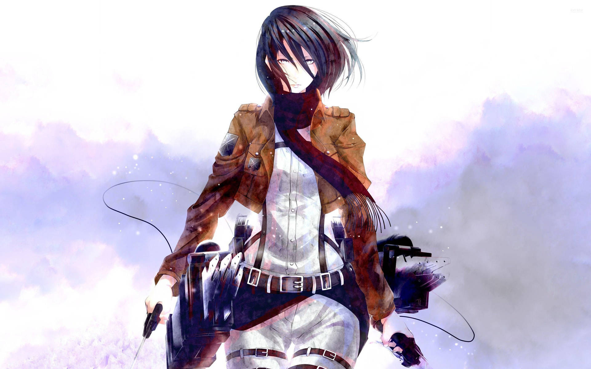 Mikasa Ackerman i en lys malt bakgrunn i Attack on Titan-fanart-bakgrunn.