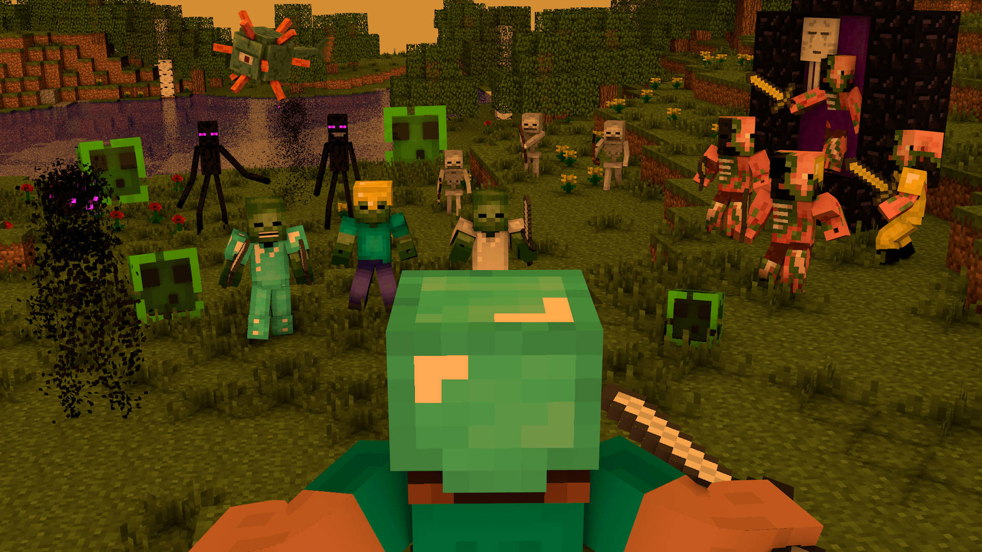 Minecraft hovedkarakter skurker slåss på mark bakgrunn
