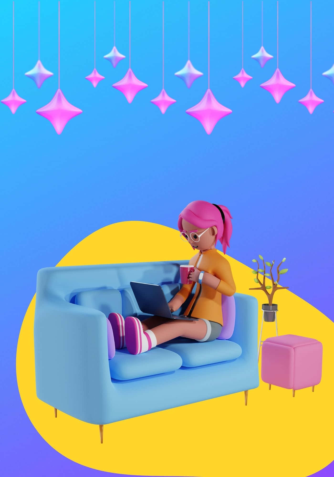 Tøff 3D-kvinne på blå sofa bakgrunn Bakgrunner