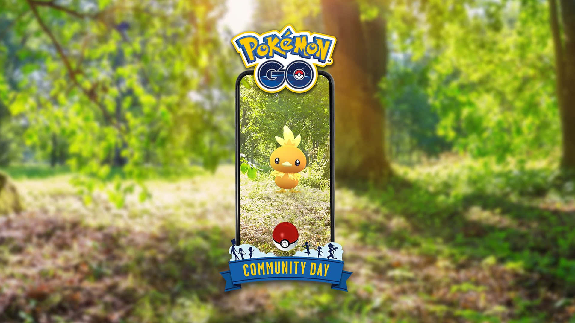 Torchic med Pokemon Go Community Day-logo Bakgrunner