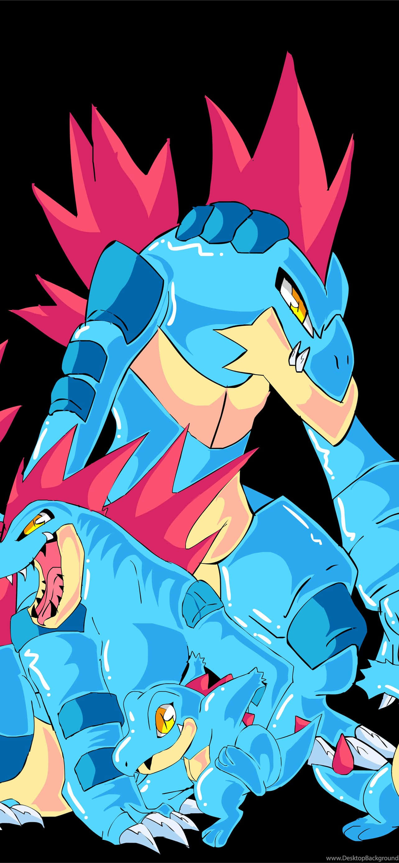 Totodile Evolusjon - Øyeblikksbilder av Totodile, Croconaw og Feraligatr i svart Bakgrunner