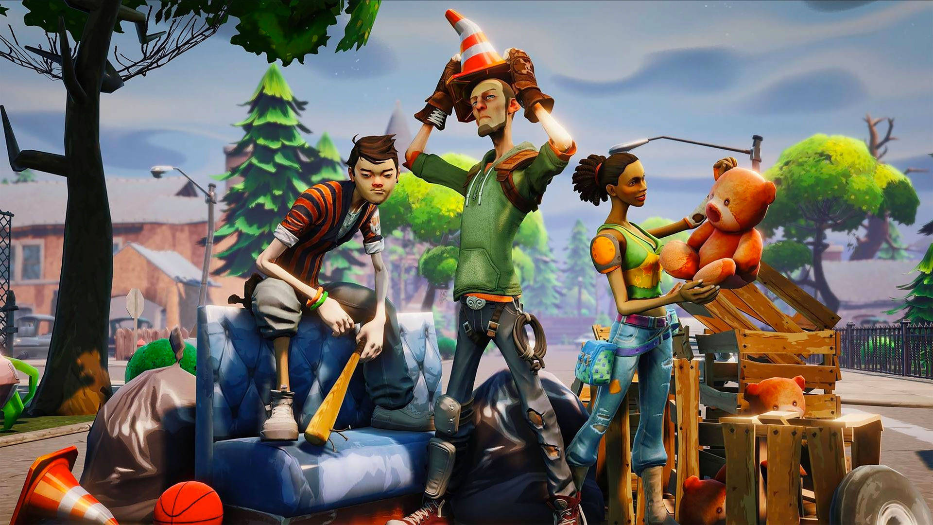 Tre karakterer fra Fortnite som poserer i gatene HD-bakgrunn.