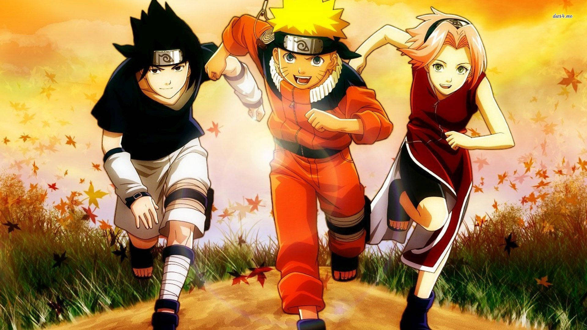 Tre unge ninjaer – Naruto, Sakura og Sasuke løper sammen. Bakgrunner