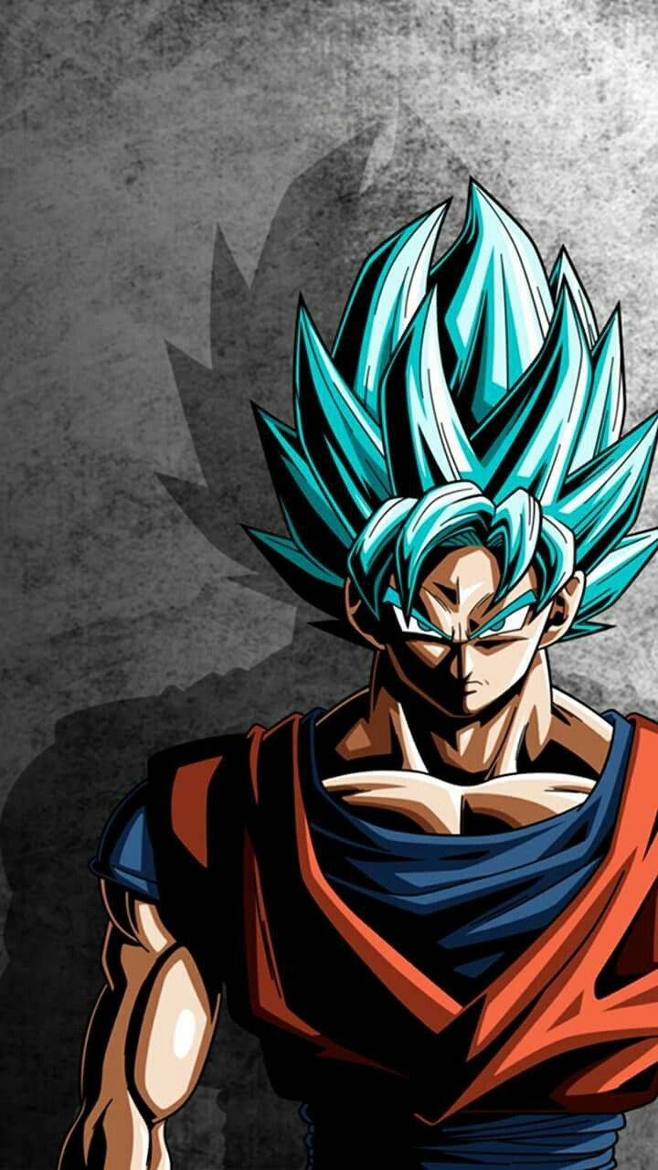 Bakgrunnsbilde av en blå Saiyan-Goku mot en vegg.