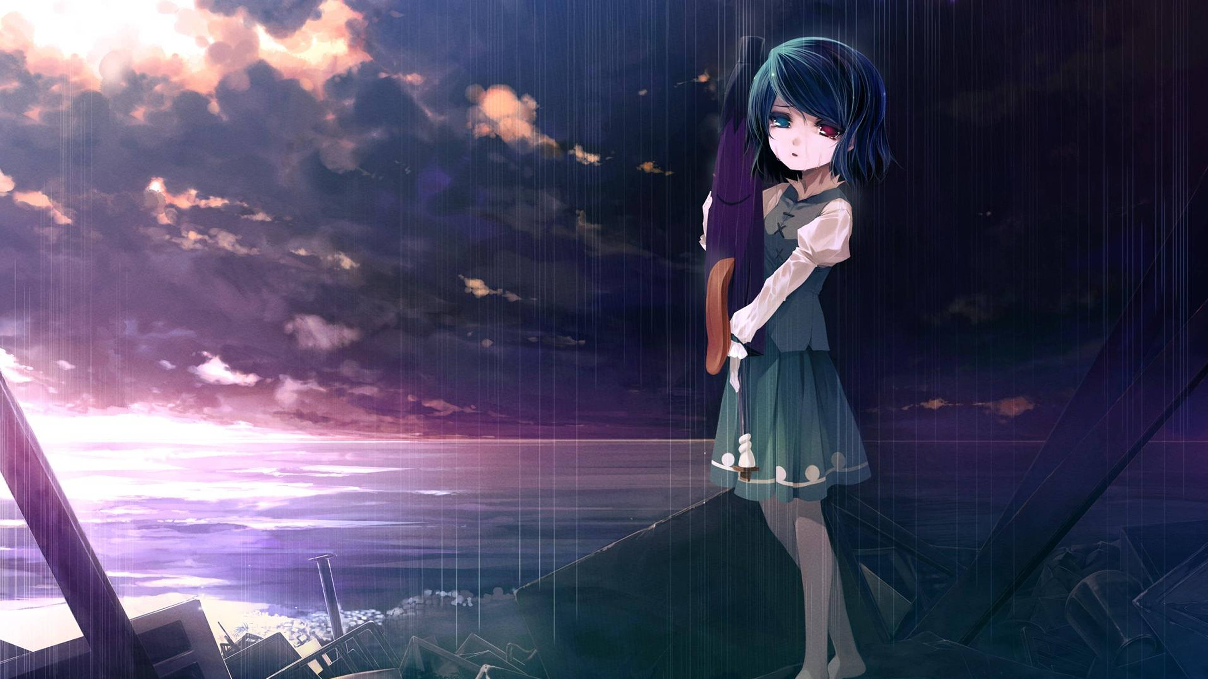Trist anime 4K gråtende jente med rødt øye Bakgrunner