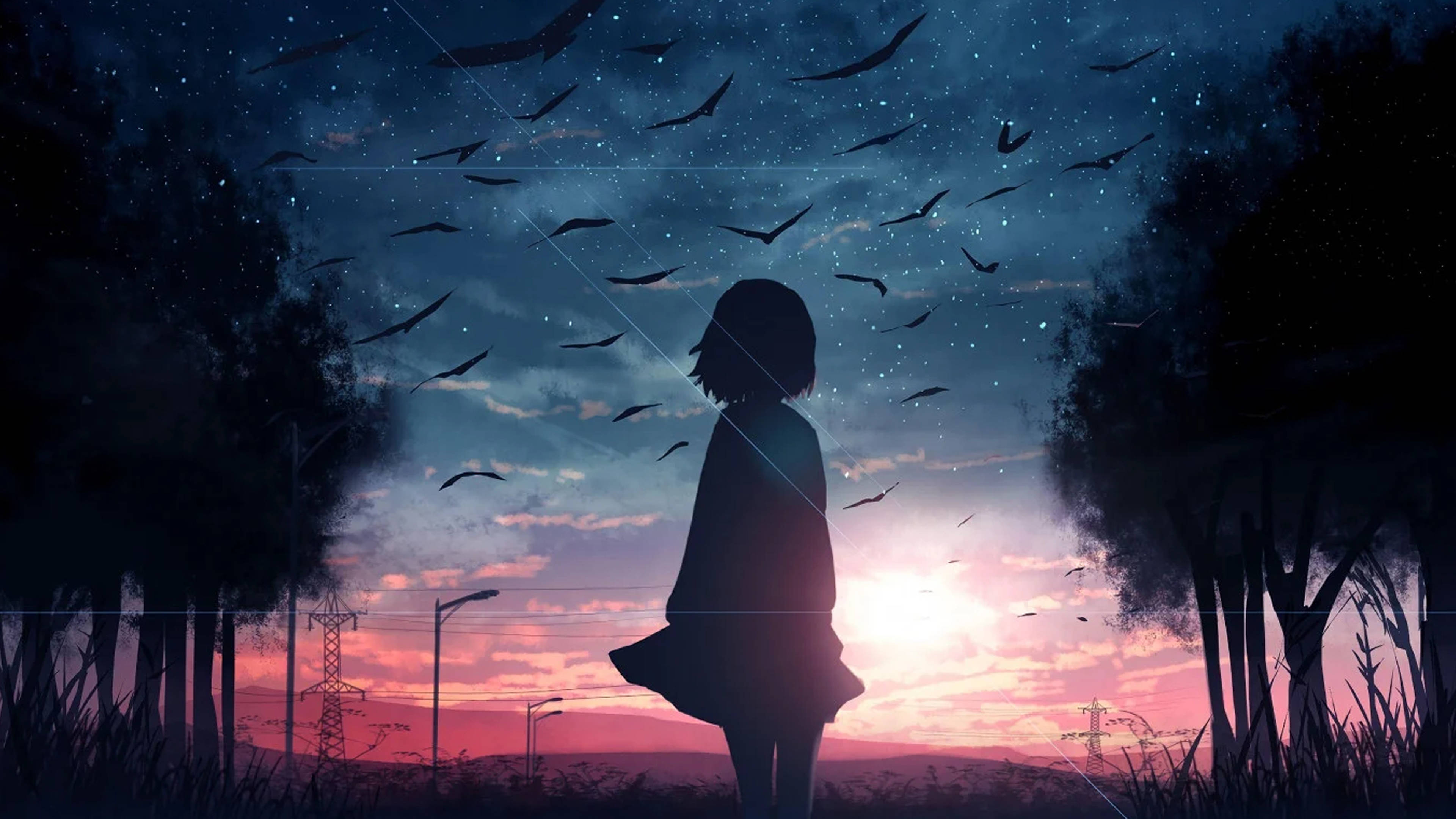 Trist anime 4K-jente ser opp mot himmelen Bakgrunner