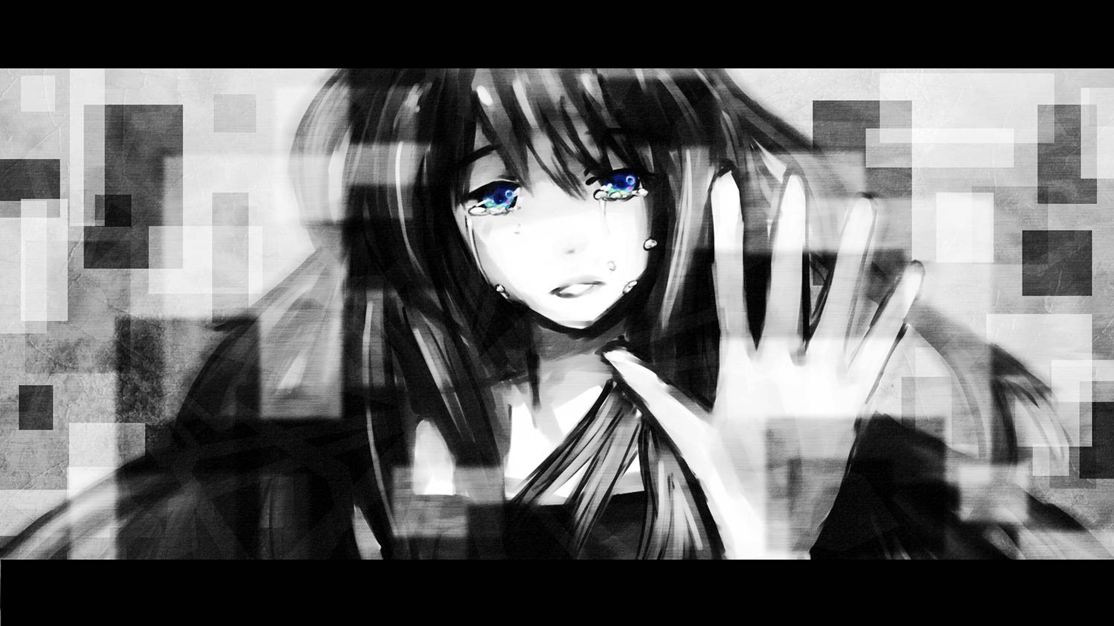 Trist Anime 4K Jente som Gråter og Rekker Opp Hånden Bakgrunner