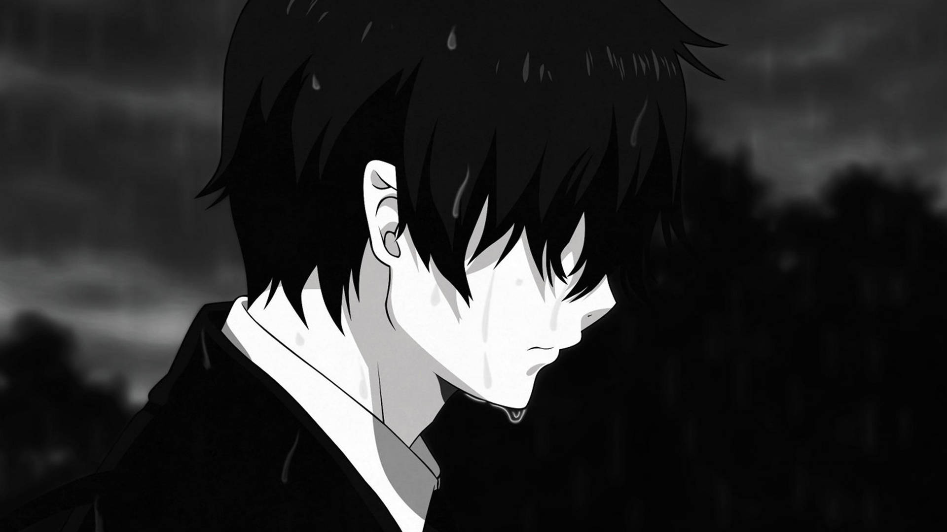 Trist anime 4k mann som gråter i regnet