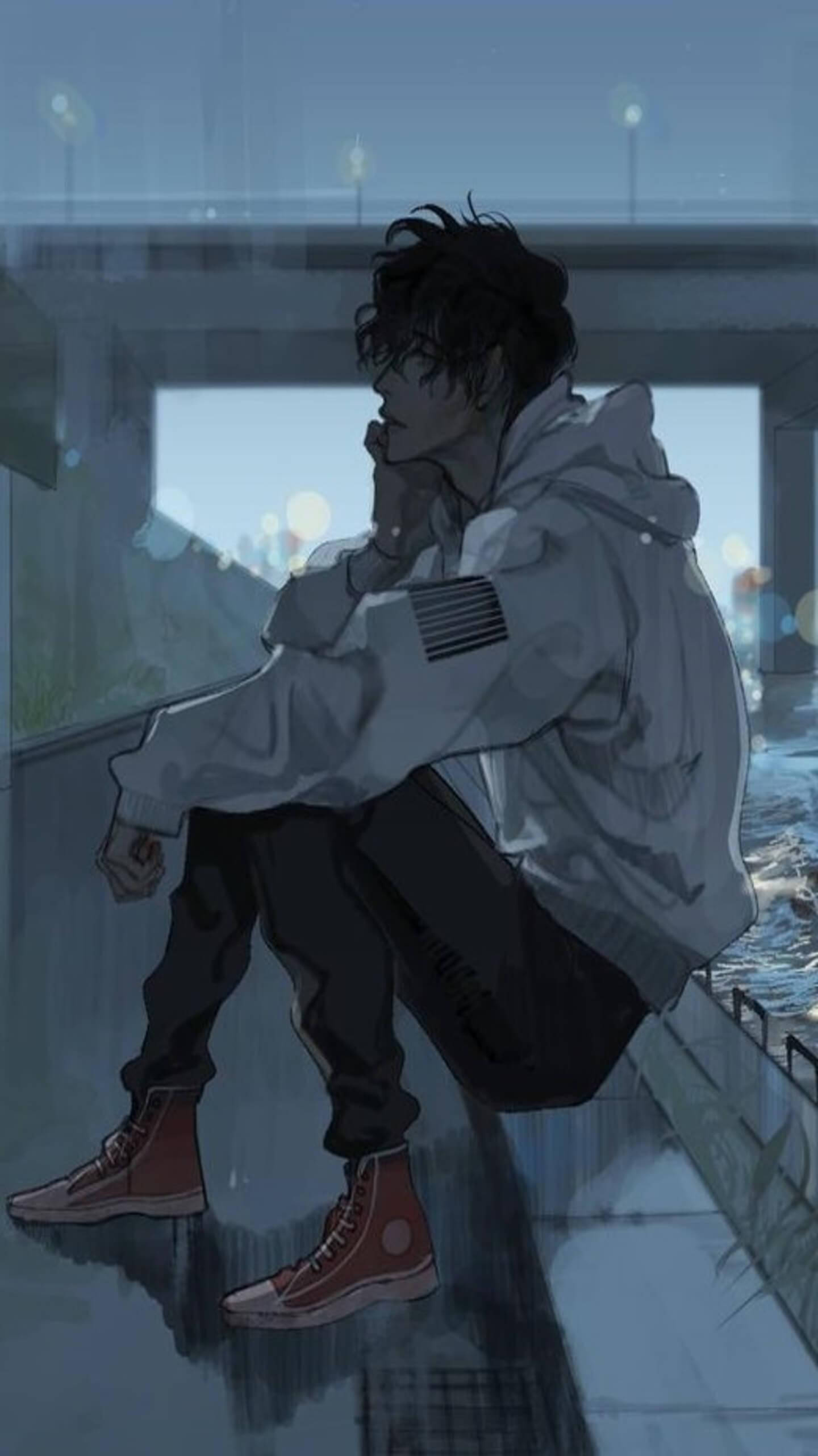 Trist anime hvit jakke estetikk Bakgrunner