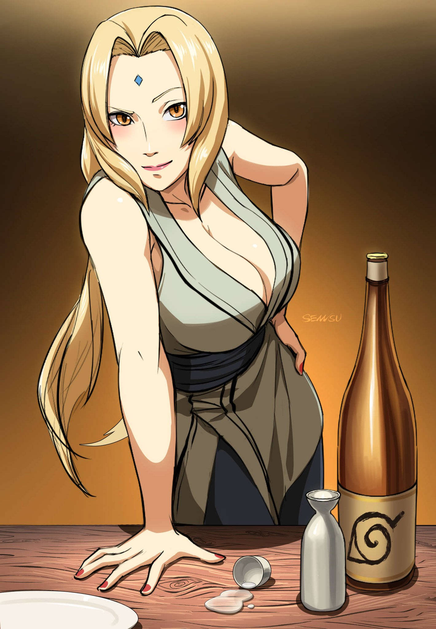 Tsunade med en flaske alkohol Bakgrunner