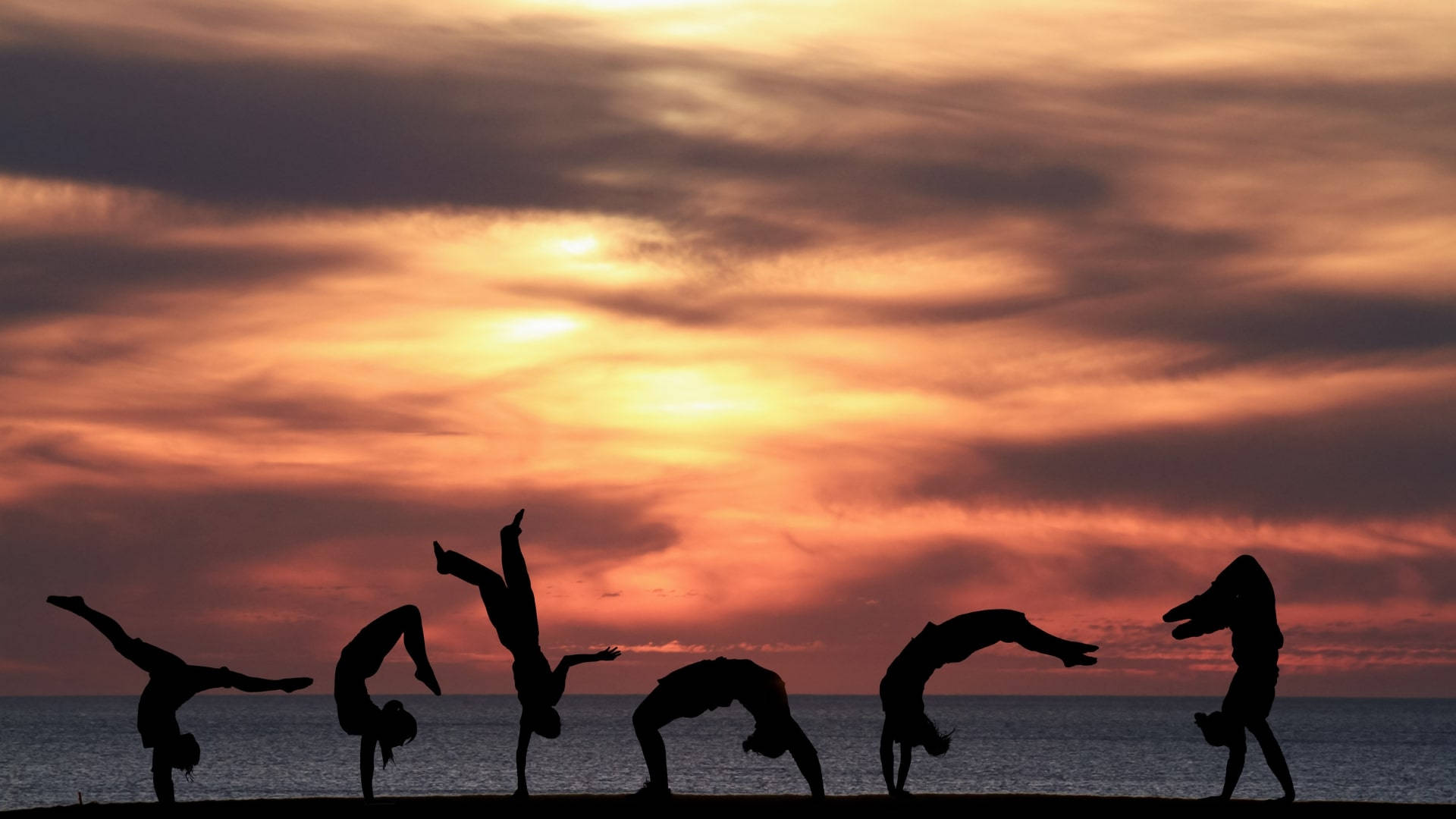 Tumlende silhuett på stranden ved solnedgang Bakgrunner