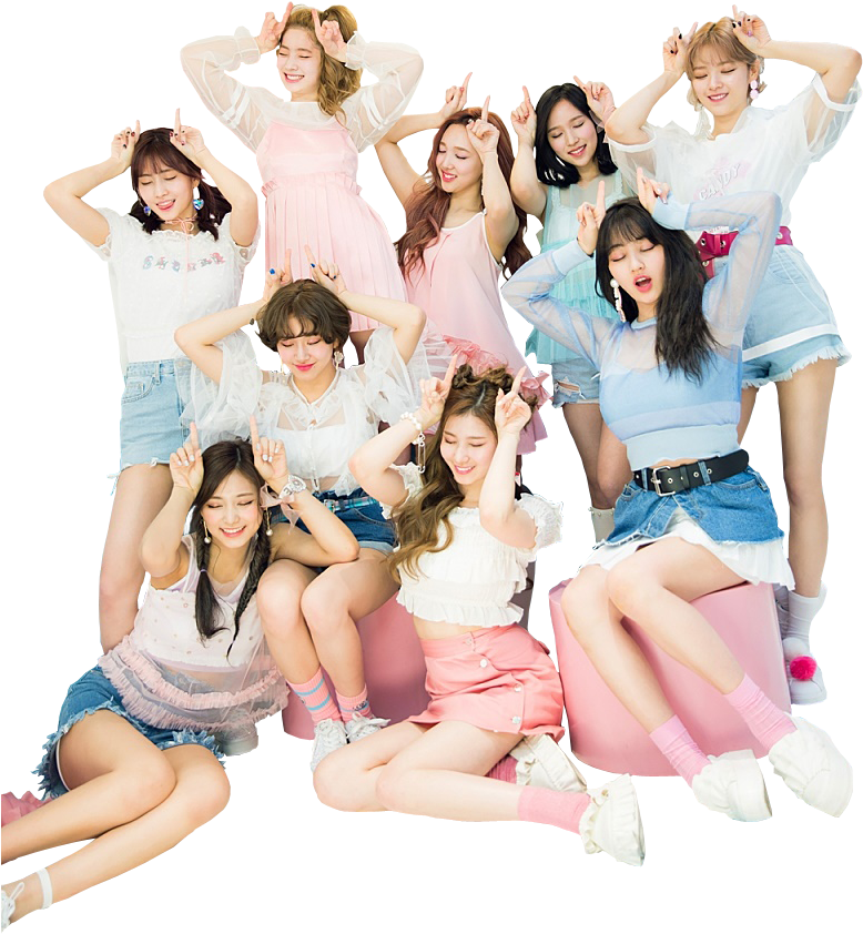 Twice Kpop Gruppe Poserer i Glade Antrekk Bakgrunner