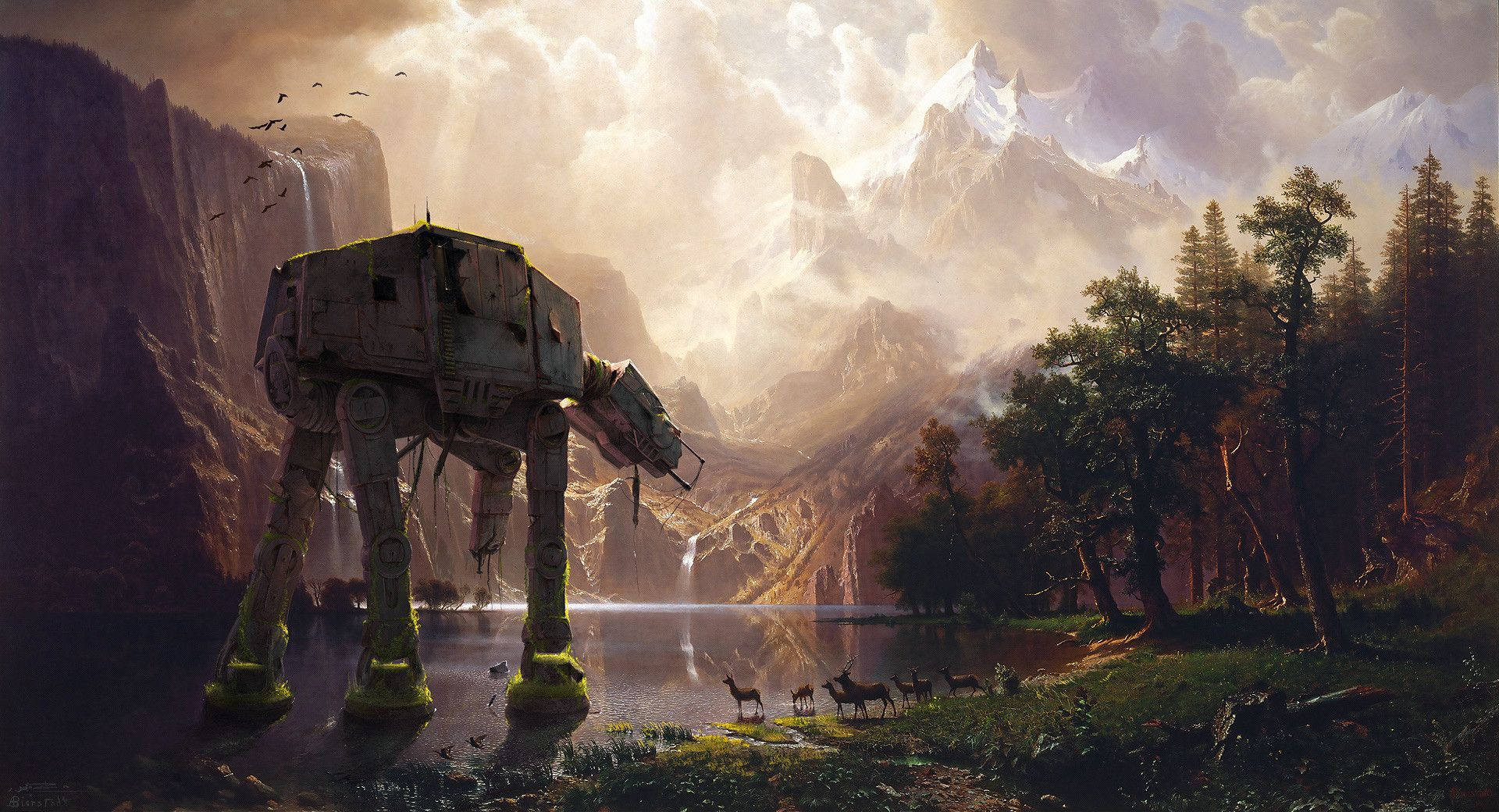 Star Wars-bakgrunnsbilde av en dinosaurrobot som går på et fjell med hjort og trær