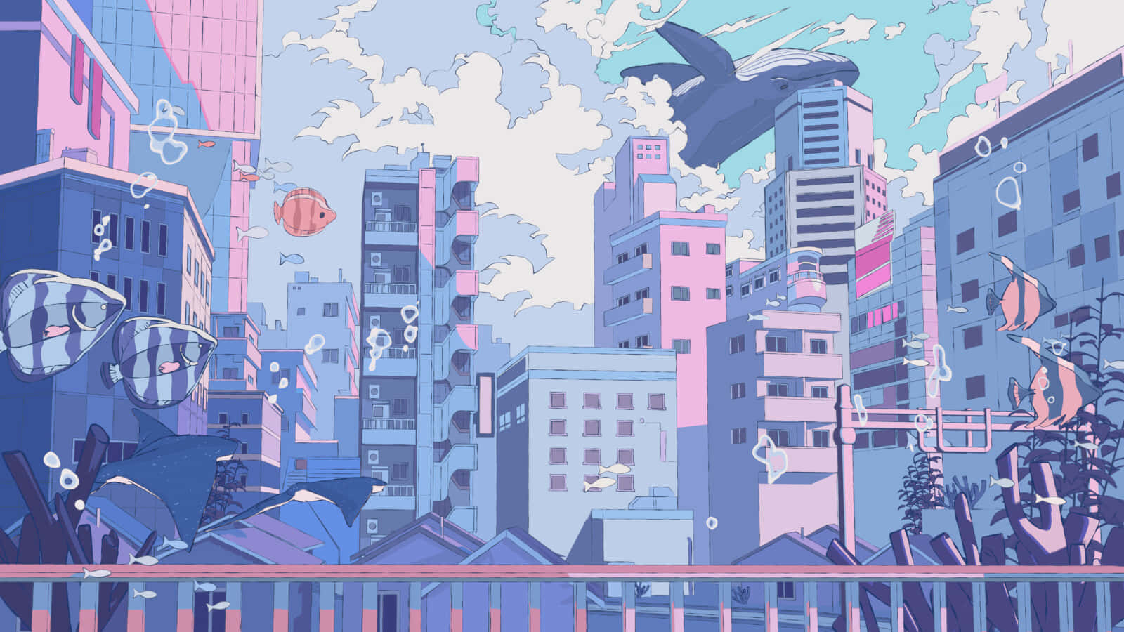 Utforsk den fargerike byen Anime City Bakgrunner