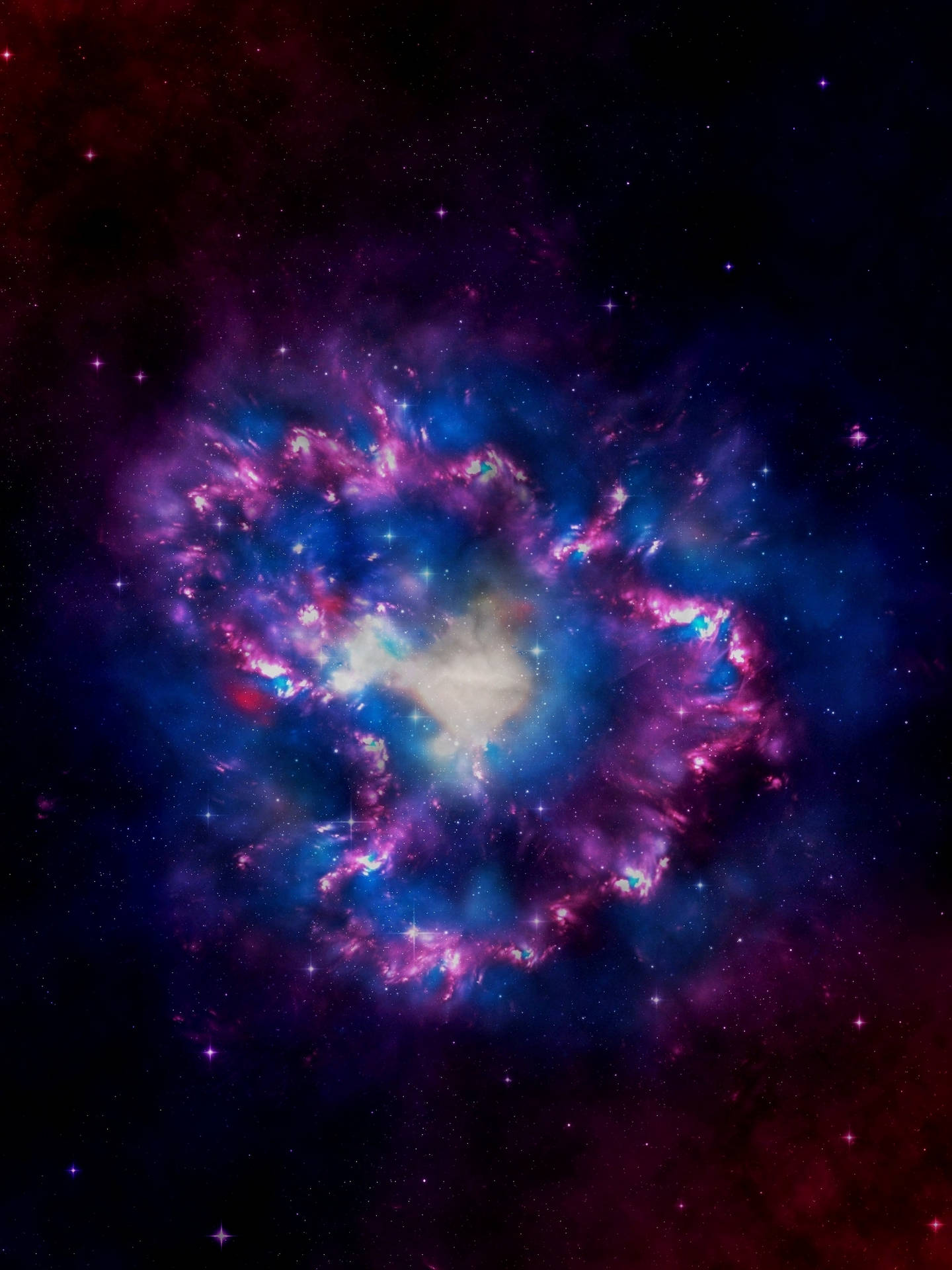 Bakgrunnsbilde av det ytre rom med lilla og blå uregelmessig galakse, stjerner og kosmisk støv.
