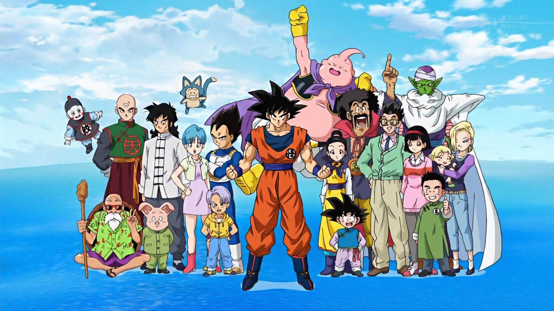 Dragon Ball-karakterer San Goku, Vegeta, Majinboo og Picollo som står på vann.