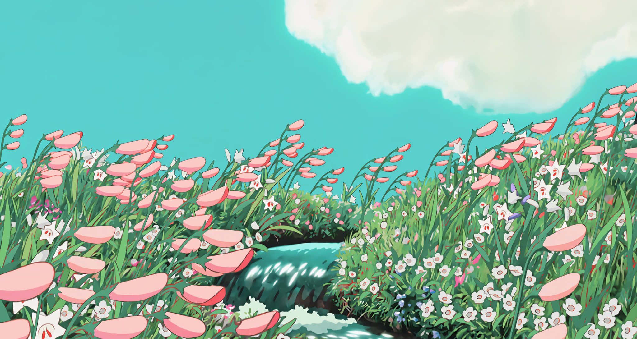 Utforsk fantasien din med estetisk Ghibli Bakgrunner