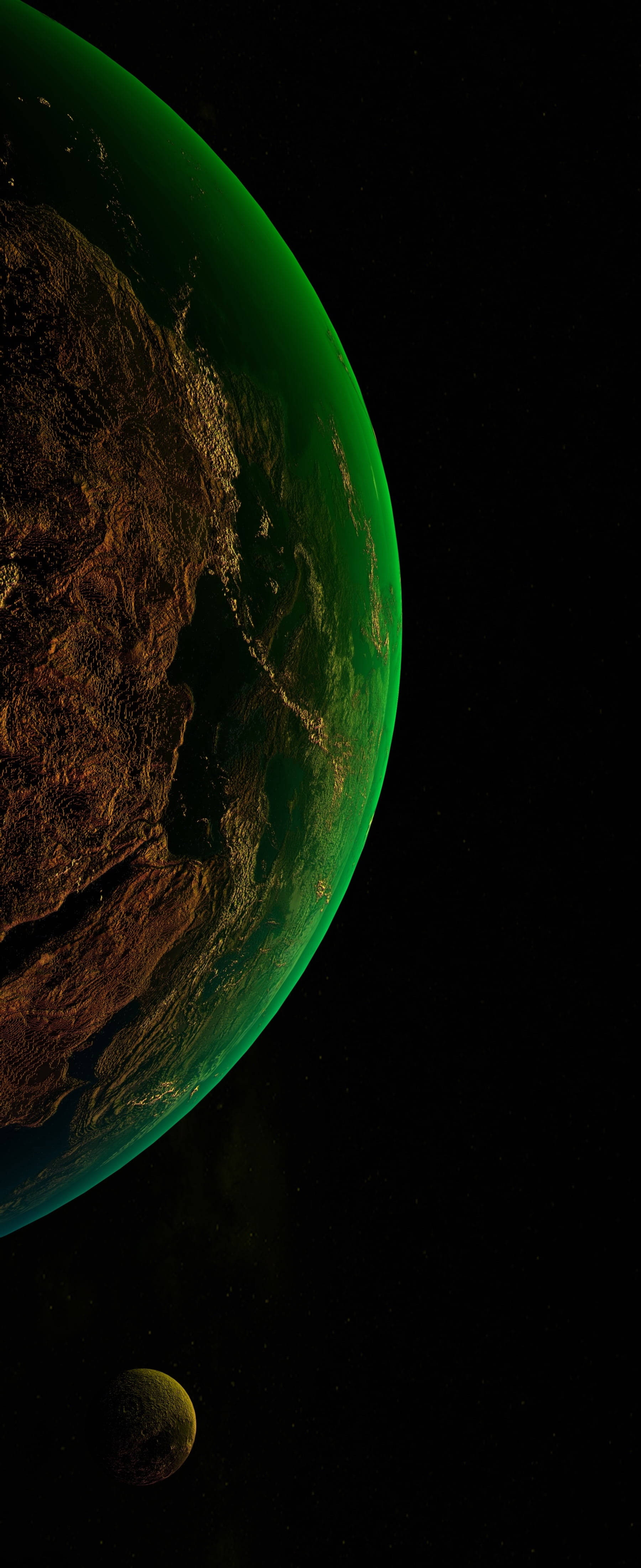 Utsikt over en isolert planet, opplyst av lys som reflekteres fra en iPhone Xs Bakgrunner