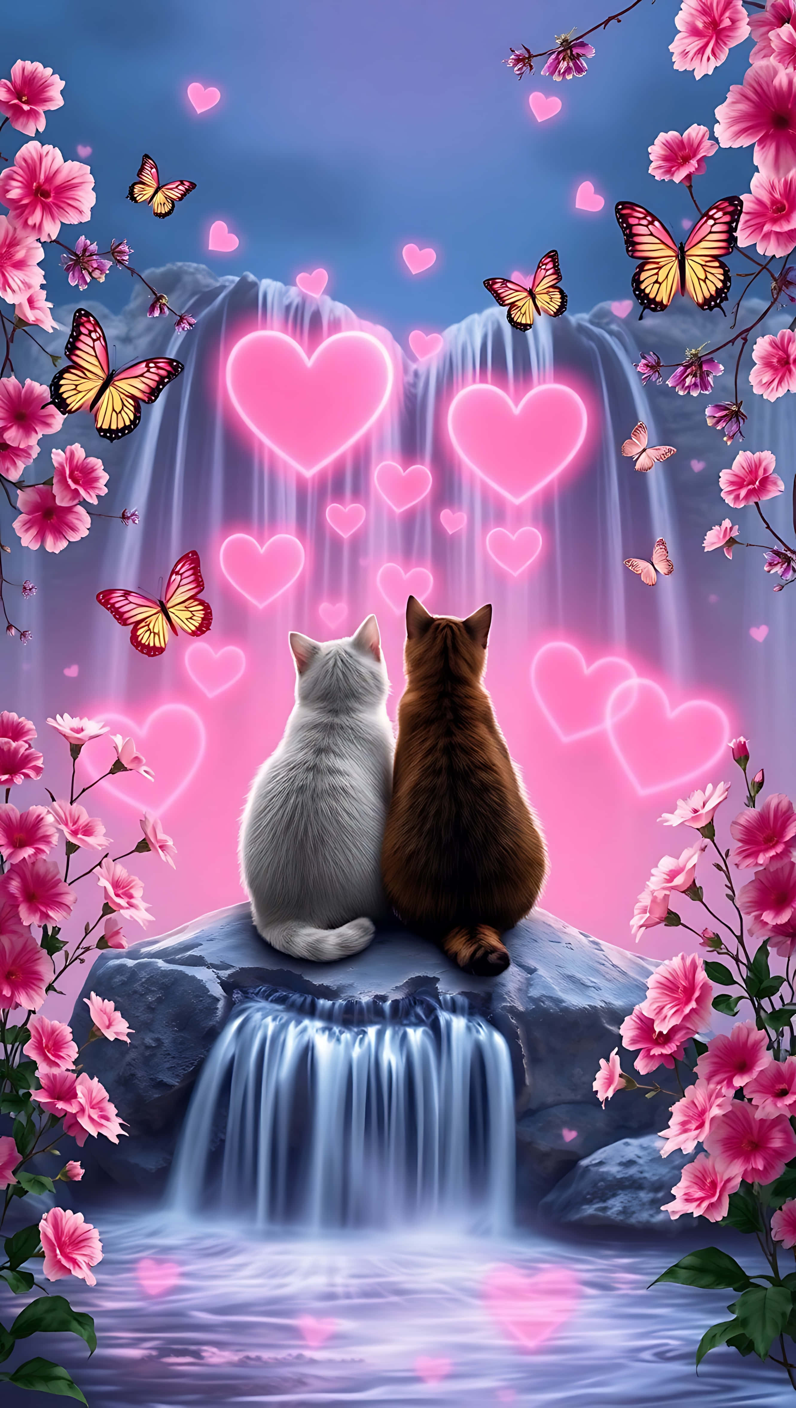 Valentine's Serenity: Cats and Love Glow. smarttelefonbakgrunn Bakgrunner