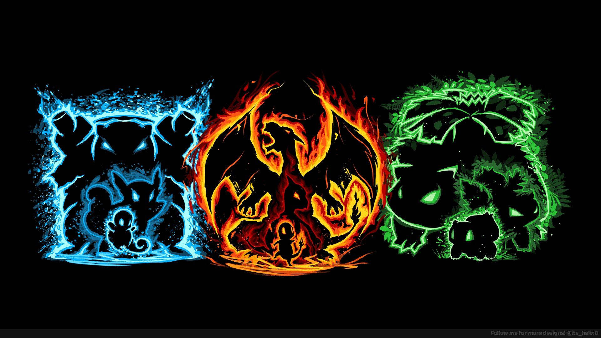 Pokémon Squirtle, Charmander og Bulbasaur som lyser i mørket