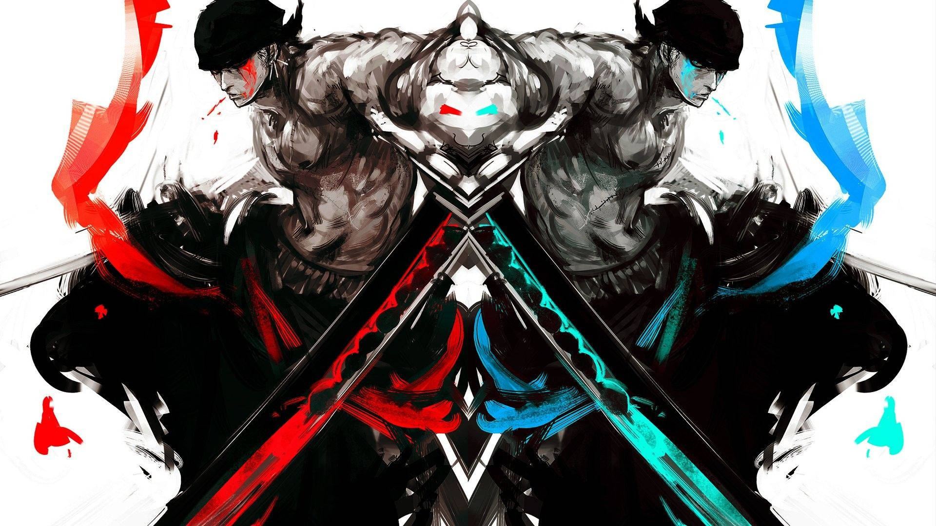 Zoro med blå og rød symmetrisk maling i et One Piece digitalt fan art-bakgrunnsbilde.