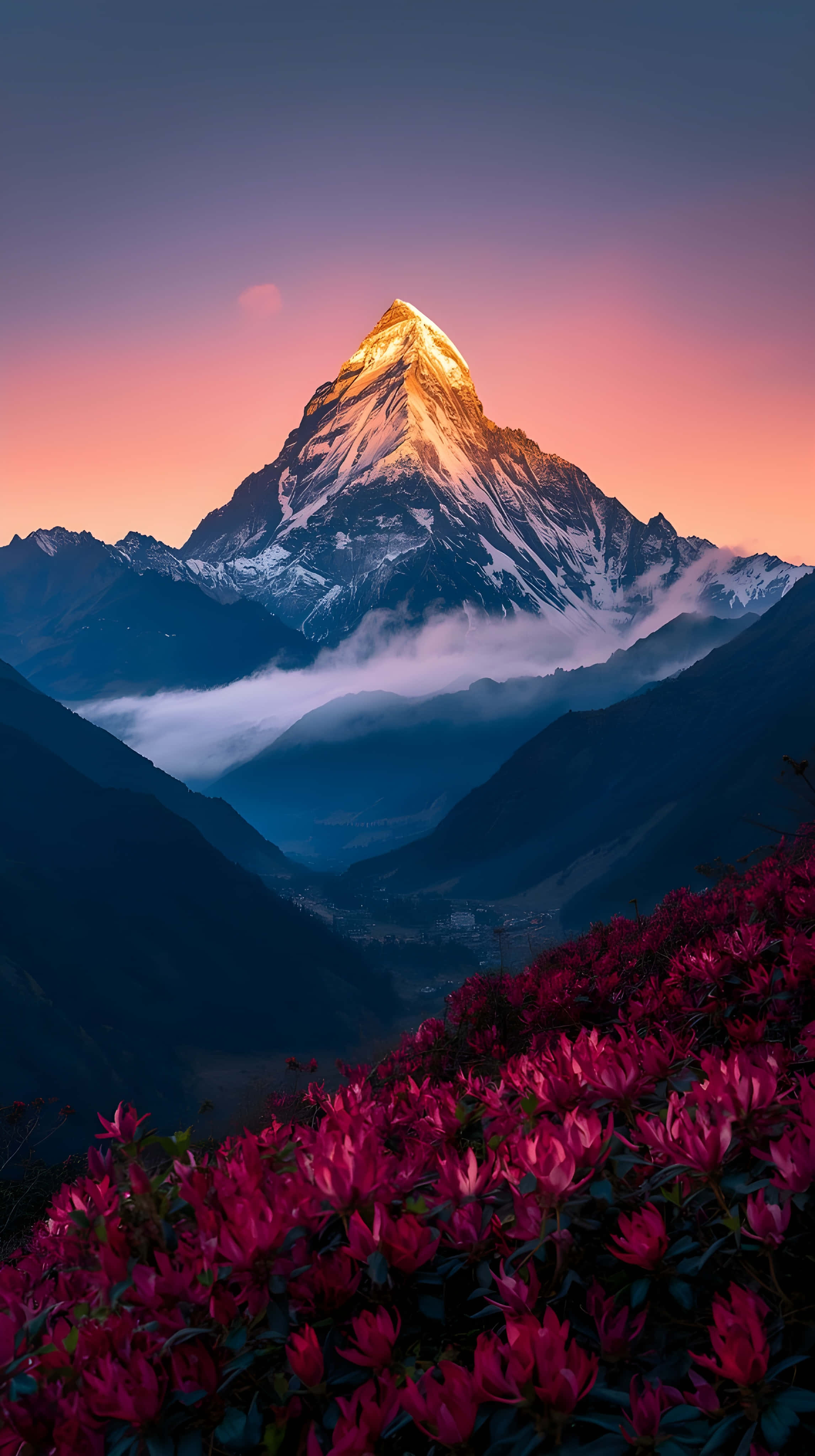Vertikalt Himalaya-solnedgangslandskap med rosa flora Bakgrunner
