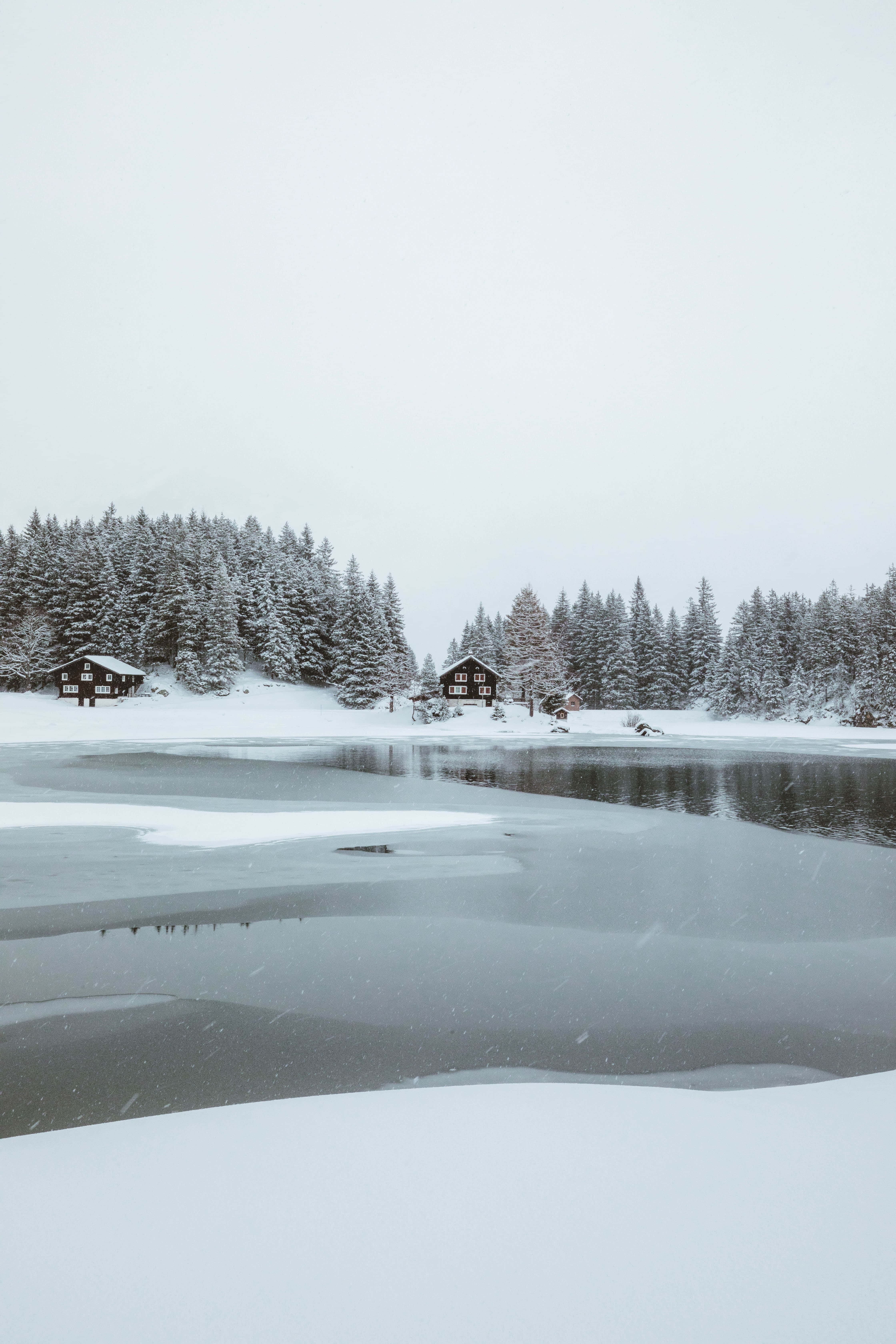 Vinterlandskap med snødekt innsjø Bakgrunner