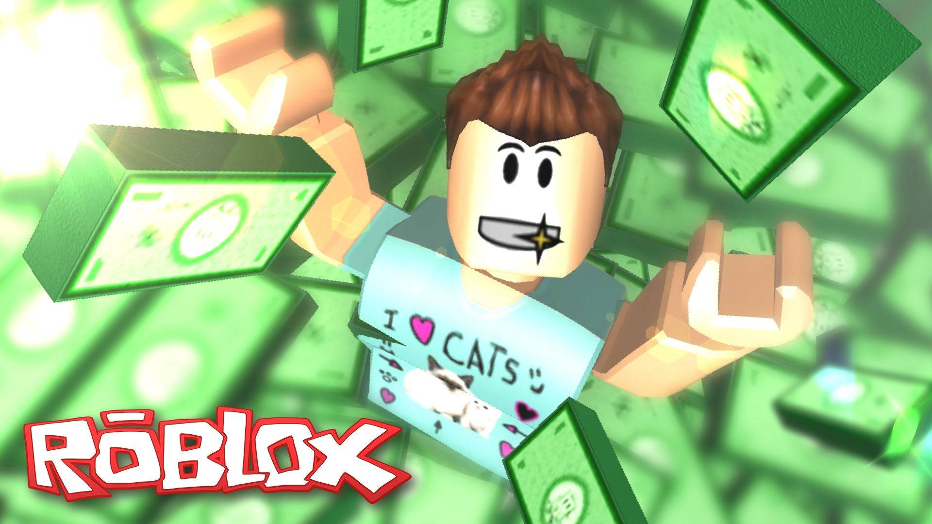 Flott bakgrunn av Roblox-avatar av en rik mann med pengene sine.