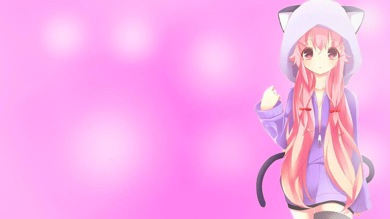 Yuno Gasai med hettegenser på søt rosa bakgrunn Bakgrunner