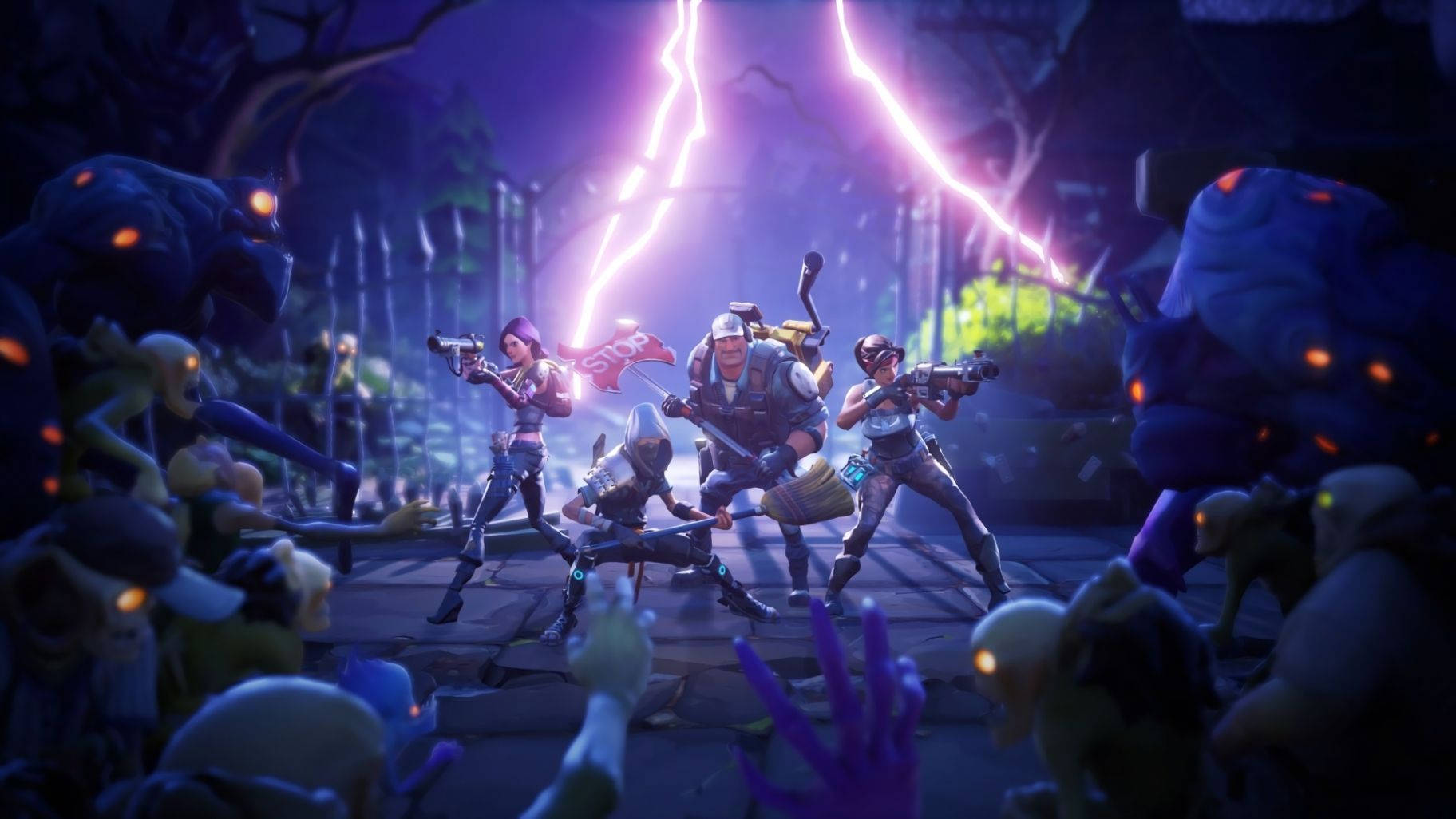 Zoom inn på Fortnites intense kamper mellom zombiearméer og modige lag Bakgrunner