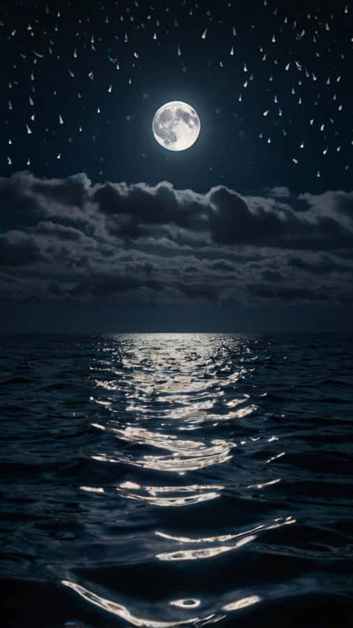 MÅNE, HAV, NATT, REFLEKSJON, MÅNESKINN, BØLGER, SJØ, FULLMÅNE, STJERNEKLEDD, STJERNER, NATTEHIMMEL, VANN, MÅNEREFLEKSJON, SKYER, ROLIG, FREDELIG, STILLE, HORISONT, KRUSNINGER