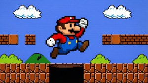 Pixelkunst Mario som hopper over et hull i en klassisk 8-bit Super Mario-bane, retro og nostalgisk. — Mario Bakgrunner