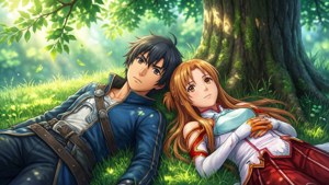 Kirito og Asuna fra Sword Art Online på en eng — Anime par GIF Bakgrunner