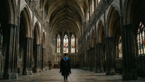 Mørk akademisk gotisk katedral med en kappekledd figur.