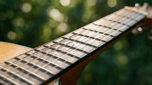 Nærbilde av gitarstrenger med grønn bokeh, varmt sollys. — Musikkestetikk Bakgrunner