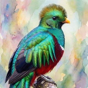 En quetzal i akvarellstil med myk abstrakt bakgrunn, elegant og kunstnerisk. — Pixel Watch 4 Bakgrunner