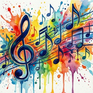 Abstrakte akvarellmusikknoter med fargerike sprut. — Musikkestetikk Bakgrunner