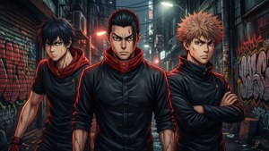 Et dramatisk gruppebakgrunnsbilde av Mikey, Draken og Takemichi fra Tokyo Revengers i en mørk bakgate. — Tokyo revengers Bakgrunner