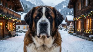 Sanktbernhardshund i snødekt landsby med julelys — Hund Bakgrunner