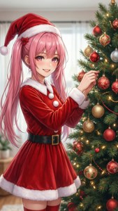 Animejente i alvedrakt pynter juletreet