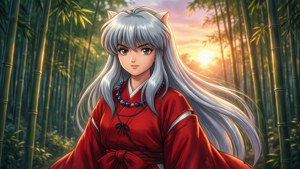 Et fargerikt anime-inspirert bakgrunnsbilde av en jente i kimono i en bambusskog.