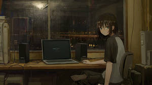 Anime-jente med laptop ved regnfull byhorisont