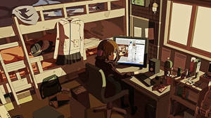 Anime-jentes laptop-arbeidsstasjon opplyst av skygger