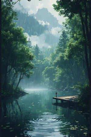 anime, innsjø, regn, skog, grønn, tåke, fjell, brygge, fredelig, melankolsk, natur, landskap, 4K — iPhone 4 Bakgrunner