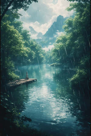 anime,innsjø,regn,skog,grønn,tåke,fjell,brygge,fredelig,melankolsk,natur,landskap,4K — iPhone 4 Bakgrunner