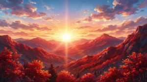Anime-inspirert levende rødt fjellandskap med solnedgang