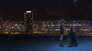 Anime skolelandskap Yuki Nagato Kyon på taket om natten